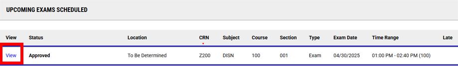 This image shows the upcoming exams scheduled section of the student portal. In