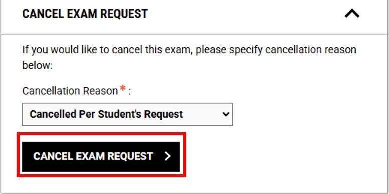 This image shows the next screen of the cancel exam request portion of the student portal. This reads, 