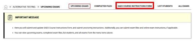 This image shows the upcoming exams section of the student portal. There are 5 headings that can be selected, upcoming exams, completed files, SAEO course instructions form circled in red, list students, and all exams.