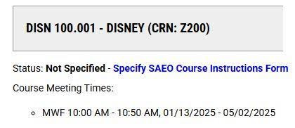 This image shows a class in the student portal. Below the class title, it states: status not specified- specify SAEO course instructions form.  Specify SAEO course instructions form is highlighted in blue font.