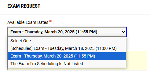 This image shows the exam request section. There is a drop down menu titled 