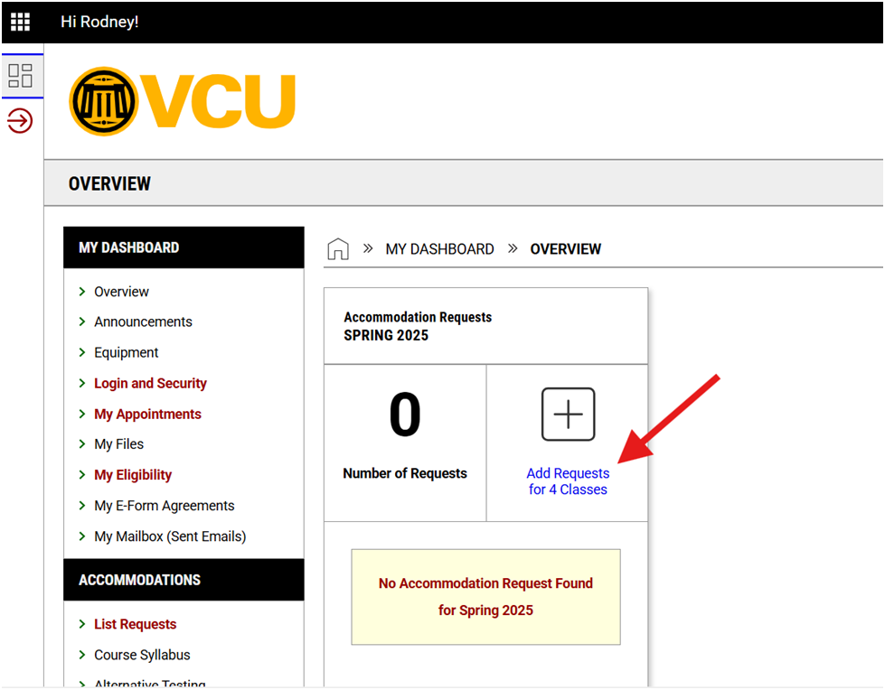 Screenshot of AIMS Student Overview page with navigation options on the left and Accommodation Requests tile/box in the center. A red arrow points to a link with blue text that reads “Add Requests for Classes”.
